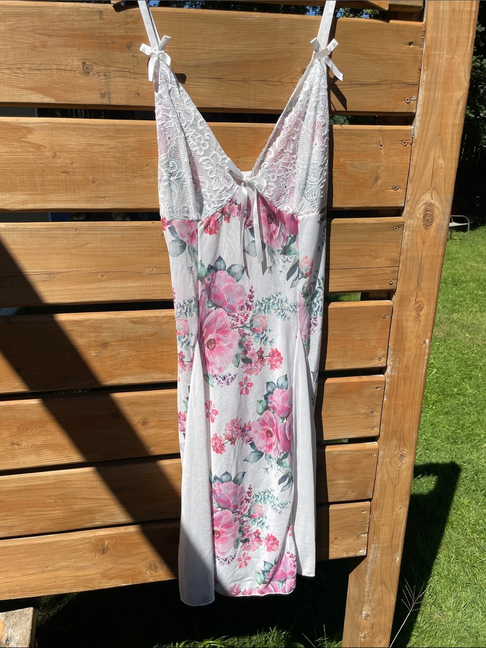 Lace-Trim Floral Slip Dress - White with Pink Roses 2X